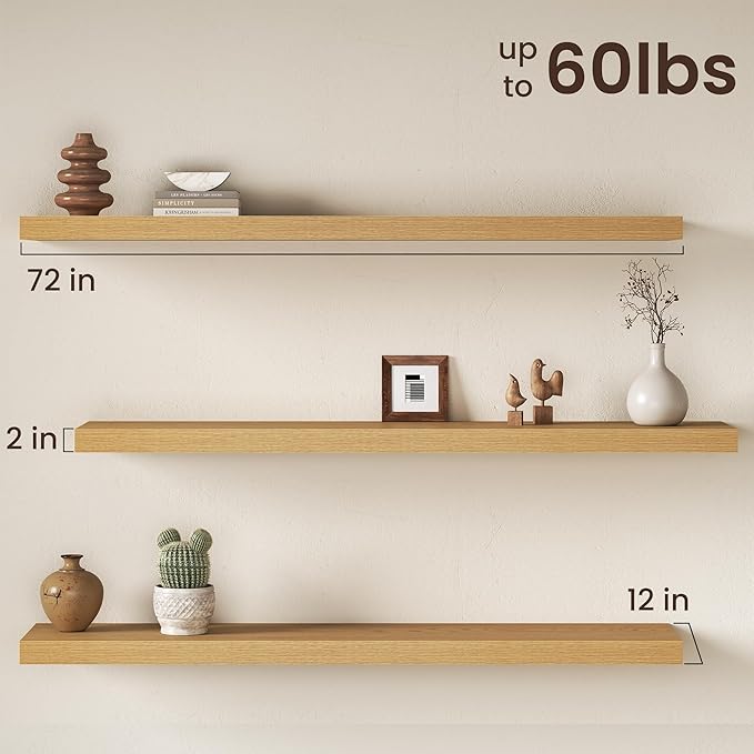 Fun Memories 72 Inch Floating Shelves, 12 Inch Deep Wall Shelf for Fireplace Mantel, Deep Storage Shelves for Home & Office, 