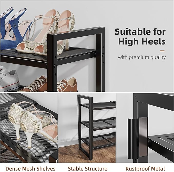 Simple Trending 3-Tier Expandable Shoe Rack, Adjustable & Stackable Shoe Organizer, Metal Mesh Free Standing Shoe Shelf Stora