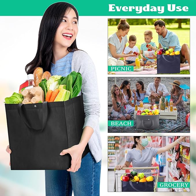Zhehao 60 Pcs Reusable Grocery Shopping Bags Large Foldable Gift Tote Non Woven Fabric Bags with Handle and Plastic Button for Birthdays, Bridesmaids, Party Favors, 15 x 9.5 x 13 Inch (Neutral Colors)