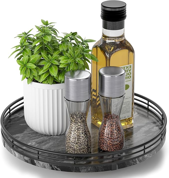 Marble Lazy Susan Turntable for Table Top – 10” Round Ancient Wood Grain Marble Tray Organizer for Dining Table, Kitchen Coun