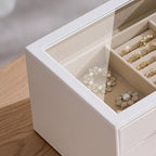 pickpiff Jewelry Box Organizer Case for Women: 3-Layer Jewelry Storage Case with Glass Window, Pure White Leather with Velvet