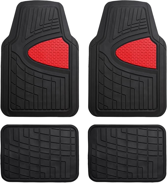 FH GROUP Car Seat Covers Premium Tall Channel Rubber Trimmable Floor Mats w. FH3001 Snake Pattern Silicone Steering Wheel Cover- Universal Fit for Trucks, SUVs, and Vans (Red/Black) F11311