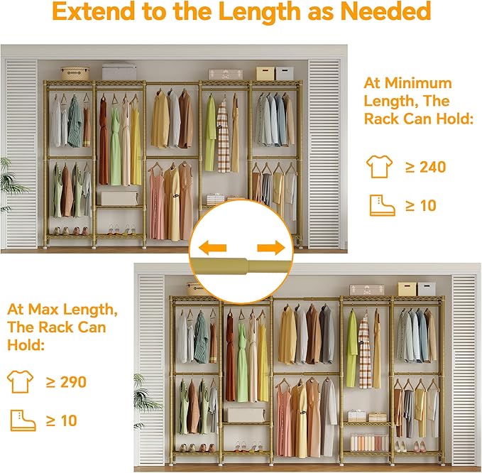 Higeego H5 Pro Heavy Duty Clothes Rack Wardrobe Closet for Hanging Clothes, Freestanding Garment Rack with Expandable Hanger 