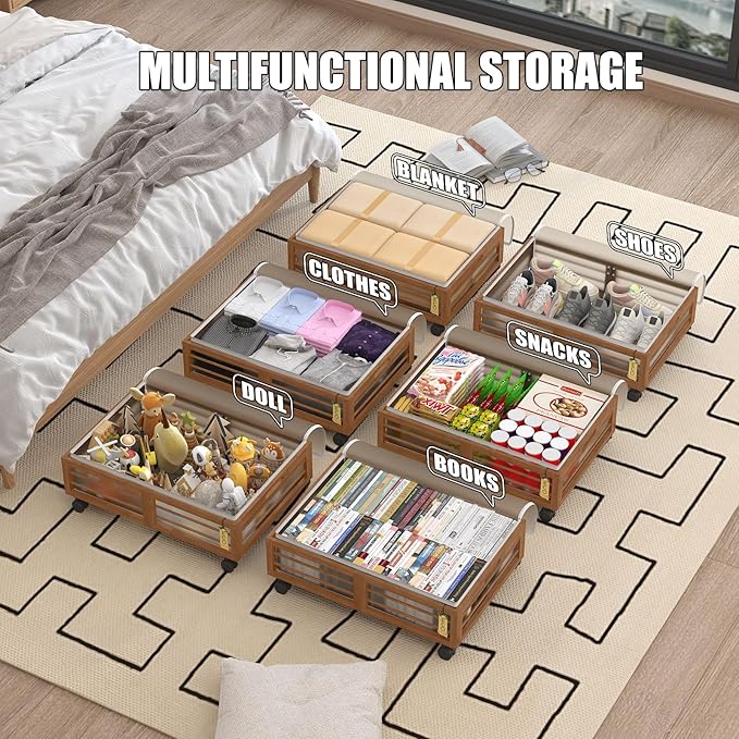 Bamboo Underbed Storage Containers with Wheels & Bag 2 Pack, Large Under Bed Rolling Storage Bins Wood Under Bed Clothes Stor
