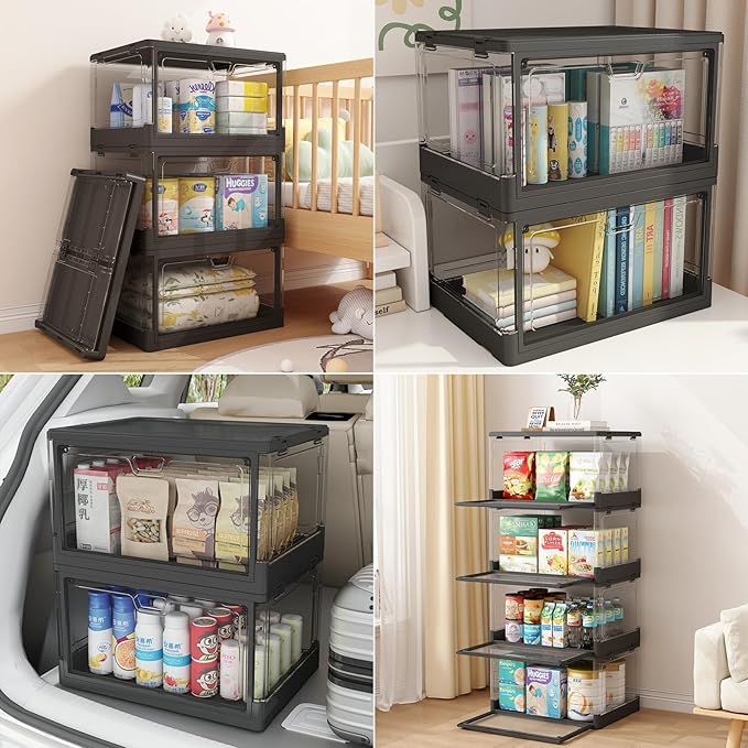 HYBRIDEAS 3-Pack Clear Stackable Storage Bins with Lids Magnetic Doors Open Front Foldable Folding Plastic Craft Containers L