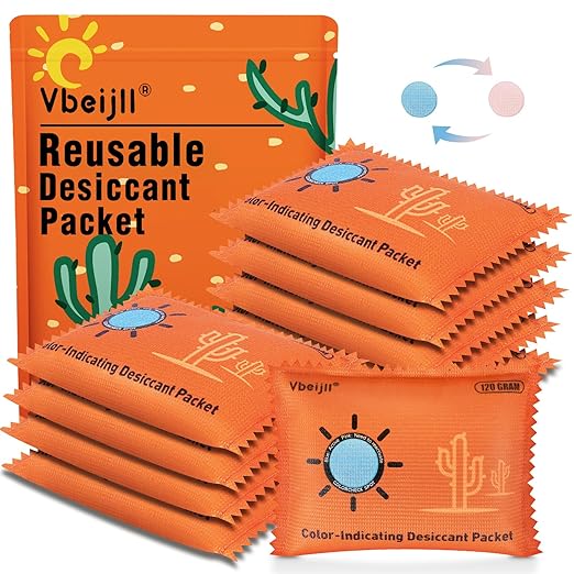 120 Gram (10 Pack) Color-Indicating Desiccant Packs for Storage, Rechargeable Silica Gel Packets, Moisture Absorbers for Gun
