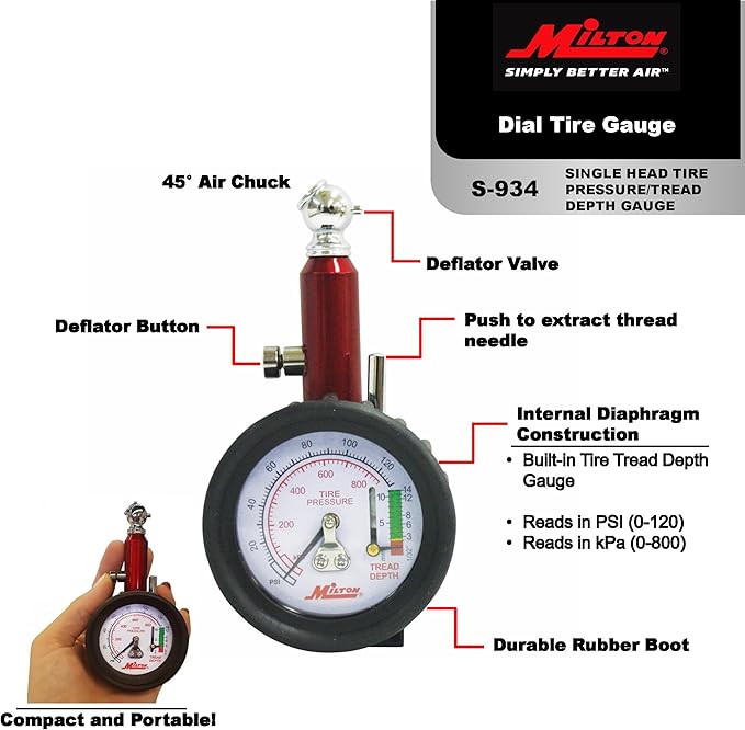 Milton (S-934) Dial Tire Pressure Gauge - Single Head Tire Tread Depth Gauge