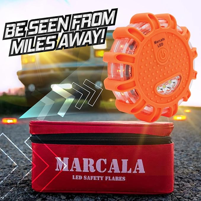 Marcala 6‑Pack LED Road Flares | DOT Compliant Emergency Lights for Vehicles with Batteries, Whistle & Case | Flares Emergenc