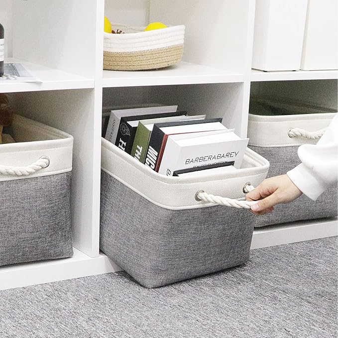 HNZIGE Large Fabric Storage Baskets (3 Pack) - Foldable Gift Baskets with Rope Handles, Decorative Organizers for Home (White