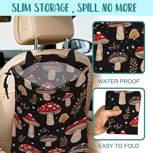 Car Garbage Bag Mushrooms and Golden Leaves Hanging Canvas Car Trash Bag Drawstring Car Back Seat Organizer for Car Back Front Seat Console with Adjustable Buckle