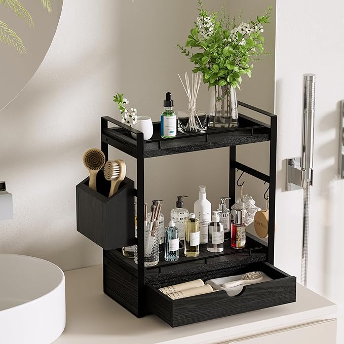 2-Tier Wood Bathroom Counter Organizer, Countertop Organizer with Drawer and Storage Basket, Bathroom Sink Organizer for Vani