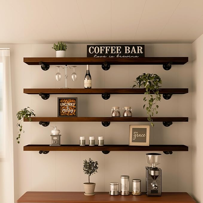 Industrial Pipe Wall Wood Shelves,Real Wooden Shelves 60" in Walnut Color with 11.8" Extra Width, Modern Floating Shevles Boo