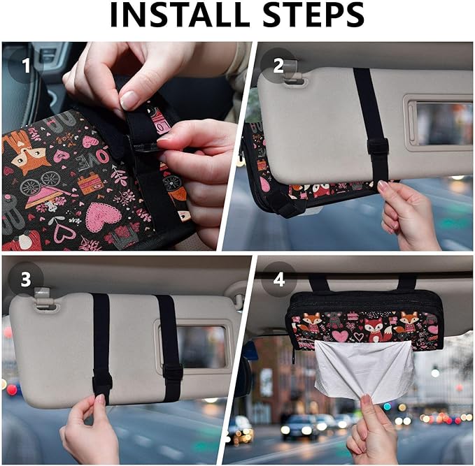 Car Tissue Holder Car Visor Organizer Tissue Box Holder for Car Sun Visor Organizer with Car Vehicle Accessories Essentials Interior for Women Men Valentines Fox Bunny Hearts Black