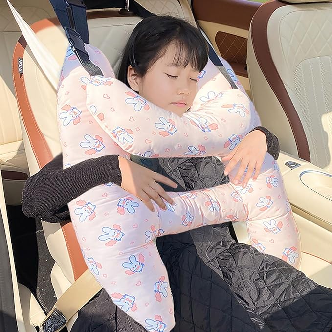 Upgraded Car Headrest Pillow Seatbelt Adjuster Pillow for Kids H Shaped Travel Pillow Cushion for Child Sleeping Neck Shoulder Support Cushion Pad Cartoon Anime for Baby (Pink Bunny)