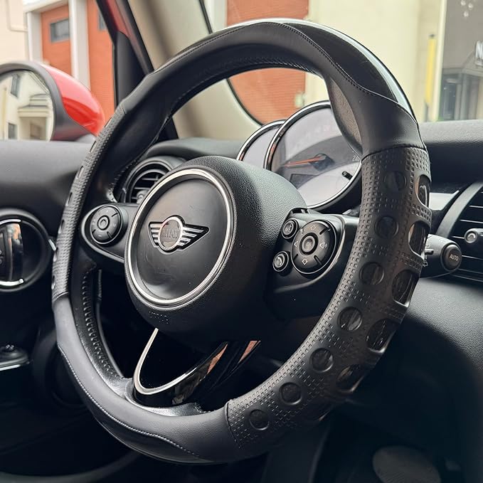 PINCTROT Large Size Race Grip Steering Wheel Cover, Anti Slip Silicone Perforated Design with Soft Touch Padding, Enhanced Grip for Sporty Driving 15.5-15.75 Inch (Racing Black)