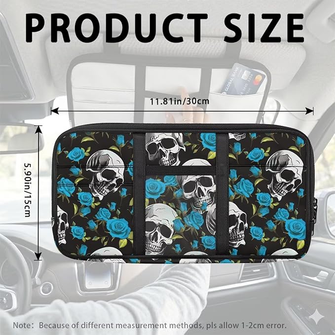 Rose Skull Sun Visor Organizer Car Sunvisor Organizers Multi-pocket Visor Organizer Storage Pouch for Cars, Suvs & Trucks with Zippers Vehicle Accessories for Document, Card, Pen