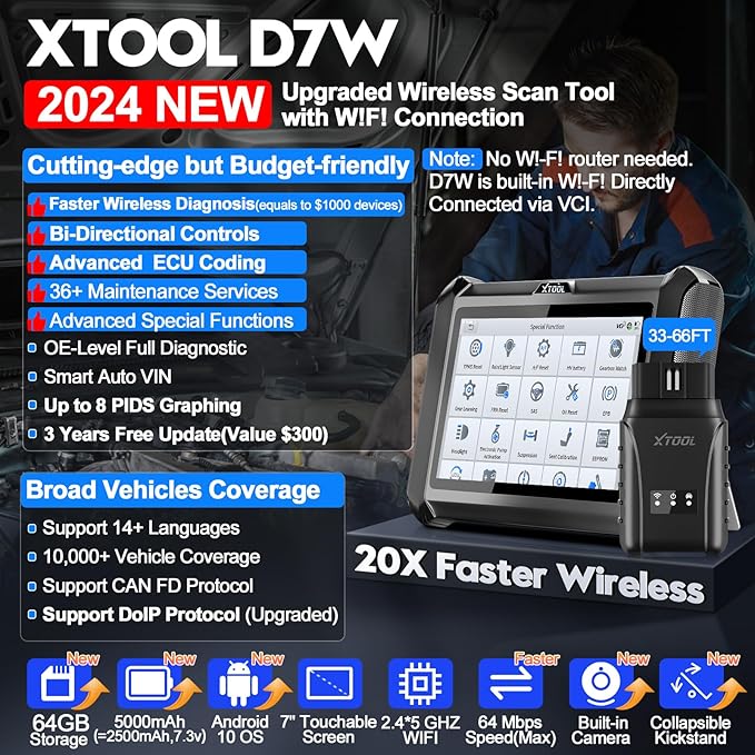 XTOOL D7W OBD2 Scanner Diagnostic Tool: 2026 Wireless Ver. of D7/D7S/D7BT, AI-Assisted Bidirectional Scan Tool with Full