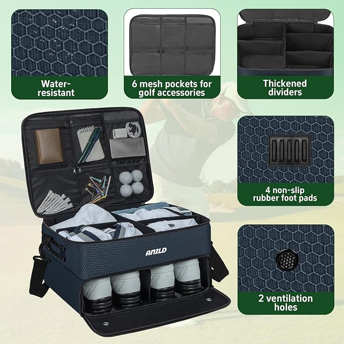 ANILD Golf Trunk Organizer, 2 Layer Golf Storage Case with Separate Ventilated Compartment for 2 Pair Shoes, for Balls, Tees,