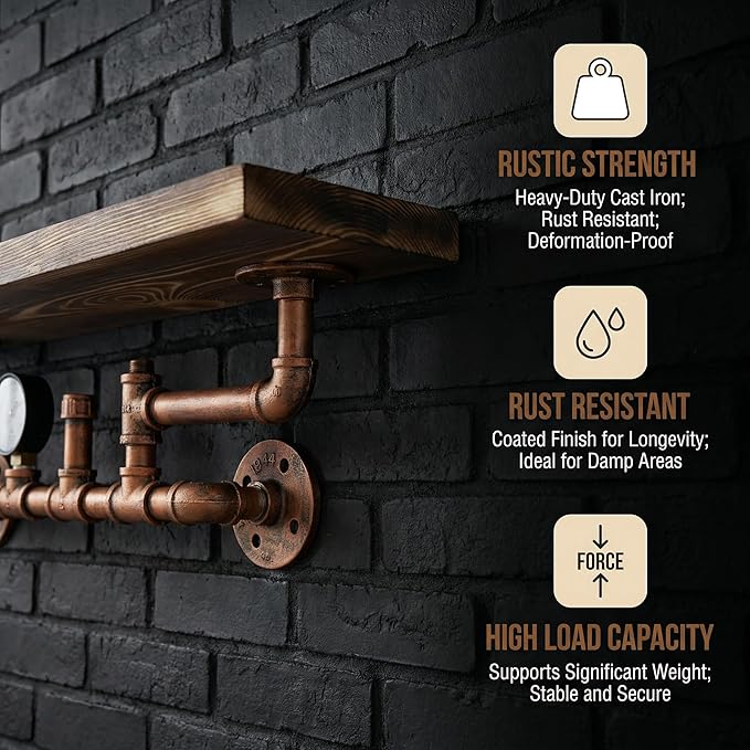 31.5 Inches Wide Carbonized Pine Wood Wall Shelf - Premium Nordic Pine & Cast Iron Wall-Mounted Rack Rutic Storage Shelf for 