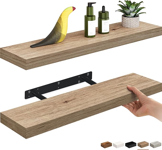 Ballucci Floating Shelves, 24" Wood Wall Shelf Set of 2, Invisible Brackets Floating Shelf Bathroom Wall Decor, Living Room, 