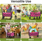 Collapsible Wagon with Wheels, 220 lbs Wagons Carts Foldable Wagon Cart with Flexible Handle, Lightweight Portable Folding Utility Grocery Shopping Cart for Grocery Sports Garden Camping, Pink