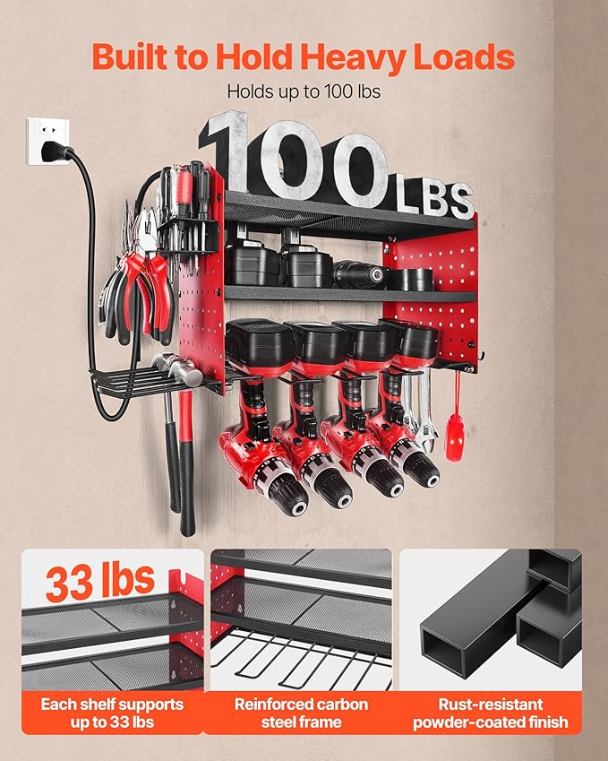 VEVOR Power Tool Organizer with Charging Station, 3-Layer Drill Storage Rack with 4 Drill Holders & Side Pegboard, Garage Too