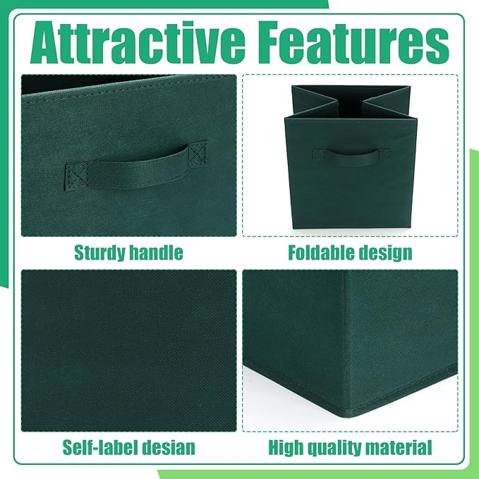 Karenhi 11" x 10. 5" x 10. 5" Green Storage Cube, 6 Pack Fabric Cube Storage Bins Organizer Box, Collapsible Baskets with Han
