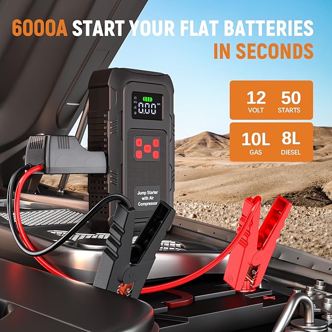 6000A Jump Starter with Air Compressor Portable Car Battery Jump Starter with 150 PSI Tire Inflator for Up to 10.0L Gas and