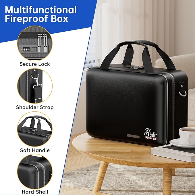 5200℉ Fireproof Document Box with lock, Hard-Shell Case File Organizer with 24 Pocket Accordion File Folder, Portable Safe Bo