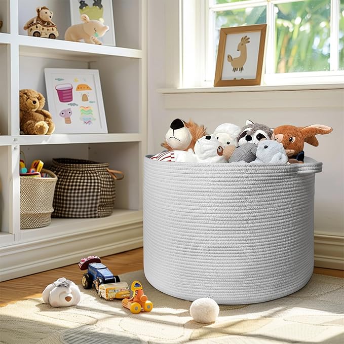 MEGASKET 115L White Cotton Rope Storage Basket, 23.6"x15.7" Extra Large Blanket Storage Living Room, XXXL Soft Toy Bin for Or
