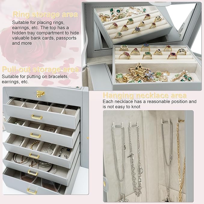 AKOZLIN Extra Large 6-Tier Jewelry Box Organizer Functional Huge, 5 Drawers Leather Jewelry Storage Case for Women Girls Ring