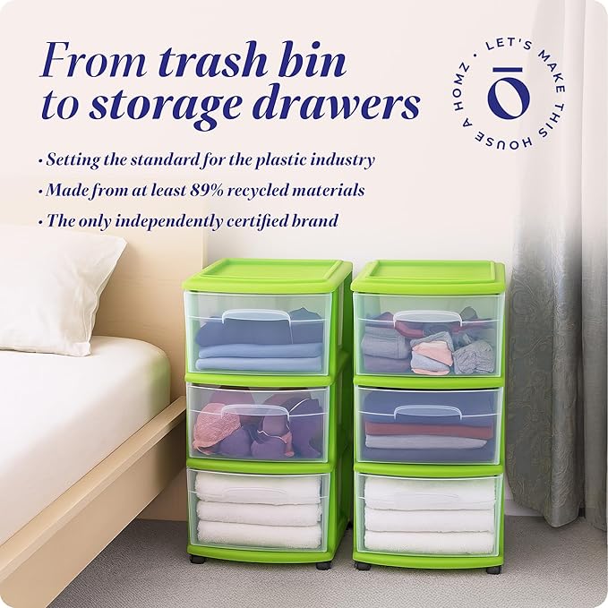 HOMZ 2-Pack Drawer Tower, 3-Tier Clear Plastic Storage Organizer Cart, Bold Lime Frame - Organizing Containers with Wheels fo