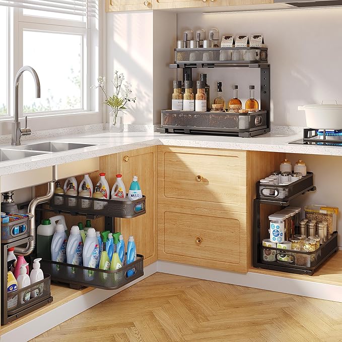 2 Pack 17.3IN-Depth Under Sink Organizer with Smooth Cylindrical Rail,2-Tier Pull Out Multi-Purpose Cabinet Storage for Bathr