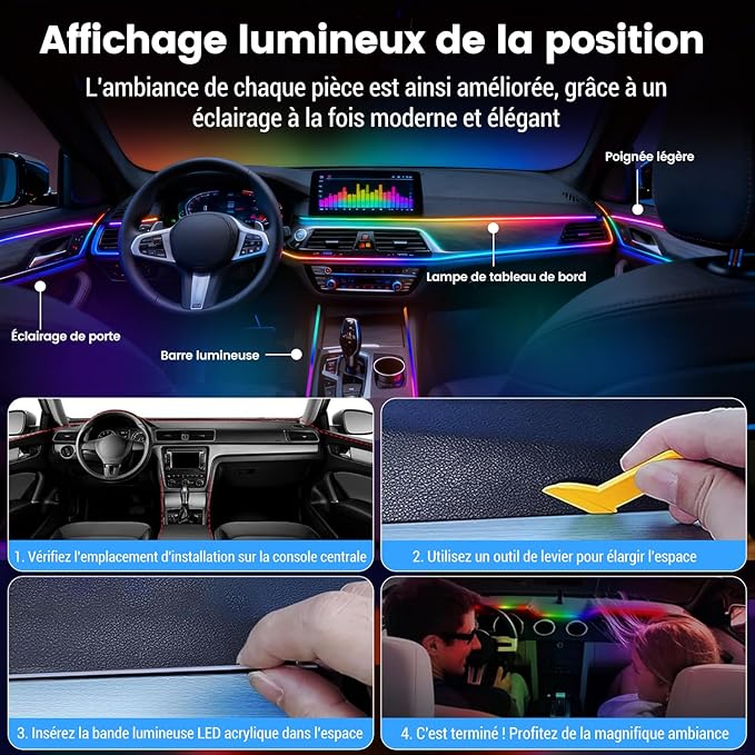 Dream Color Acrylic Interior Car Lights, 2 Pieces 75cm/29.5inch 128 Colorful Car LED Strip Light RGB Fiber Optic Rainbow Ambient Lighting bar, Universal Decoration Dynamic Atmosphere Neon Lights