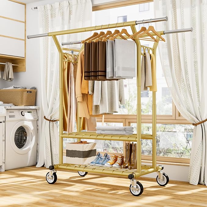 HYSEYY Heavy Duty Clothes Rack, Rolling Clothing Racks With Shelves Load 620 LBS, Double Rod Clothing Racks for Hanging Cloth