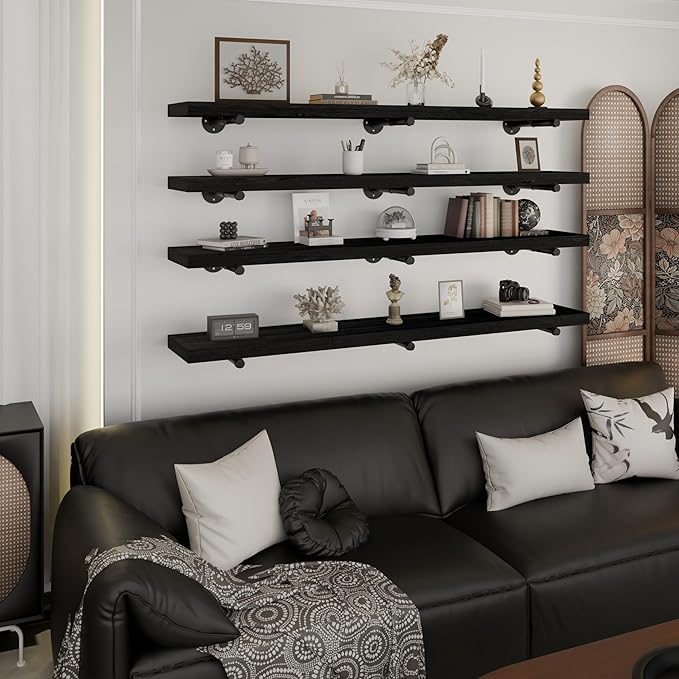 Industrial Pipe Wall Wood Shelves,Real Long Wooden Shelves 60",11.8" Extra Width, Modern Floating Shevles for Wall Bookshelf 