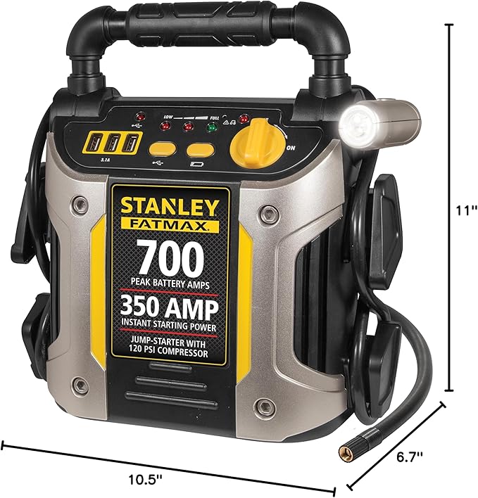 Stanley J7CS 700 Peak Amp Automotive Jump Starter, Portable Power - Triple 15W USB Ports, 120 PSI Air Compressor