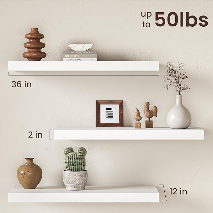 36Inch White Floating Shelves for Wall, 12 Inch Deep Shelves for Bedroom, Kitchen, Bathroom Wall Mounted, Rustic Wood Floatin