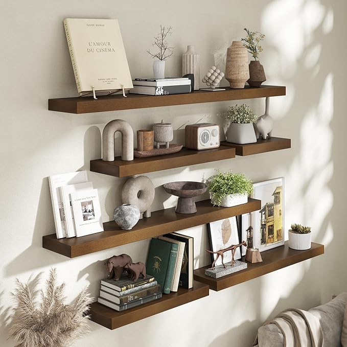Marsmiles Wood Floating Shelves | Rustic Dark Wood Wall Shelves Set of 2 | 16" W x 7.7" D x 1.6" H Dark Wooden Shelves for Ba