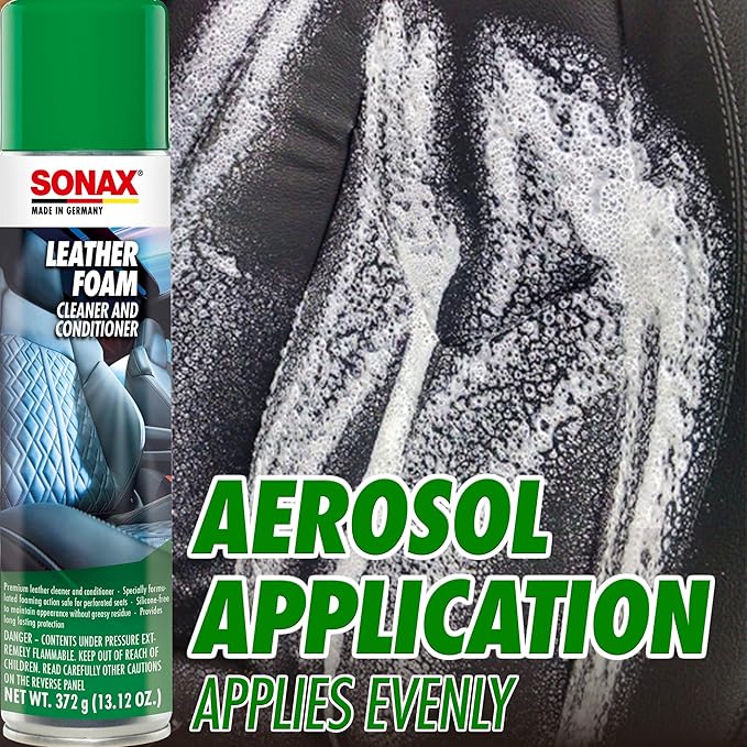 SONAX Leather Foam 289300 | 2 in 1 Aerosol Leather Cleaner and Conditioner | Safe to Use on Perforated Air Conditioned/Heated