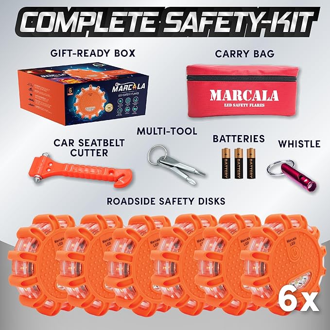 Marcala 6‑Pack LED Road Flares | DOT Compliant Emergency Lights for Vehicles with Batteries, Whistle & Case | Flares Emergenc