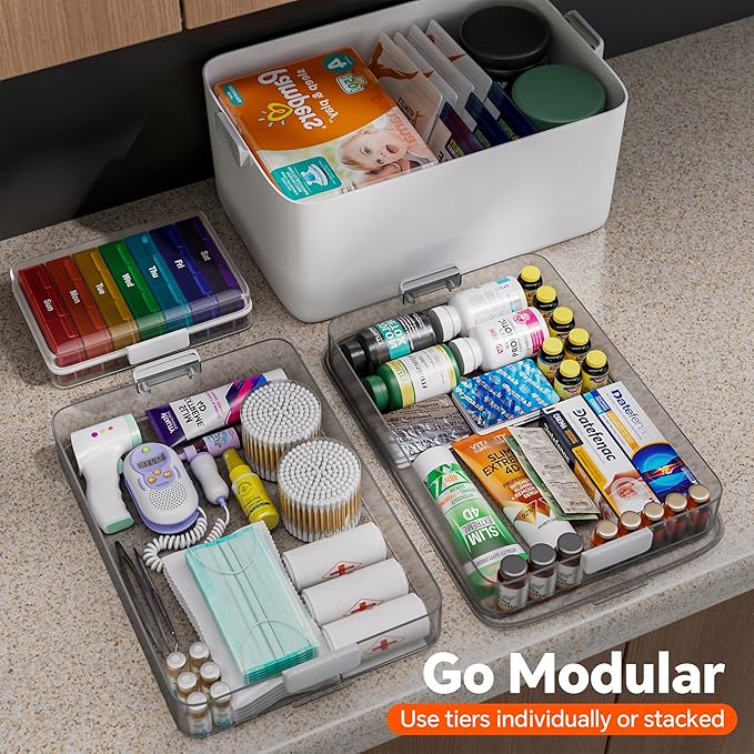 CTIME 3-Tier Medicine Organizer with Pill Case - Portable Pill Case & Empty First Aid Kit for Home, Travel, RV, School, Dorm,