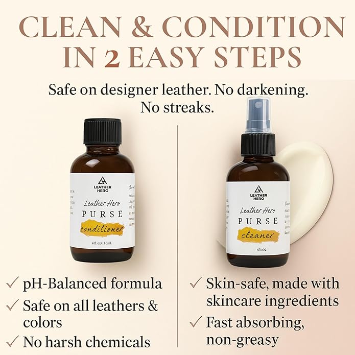 Leather Purse Cleaner & Conditioner Kit – 4pc Set with 4oz Cleaner, 4oz Conditioner, Microfiber Cloth & Applicator Sponge – L