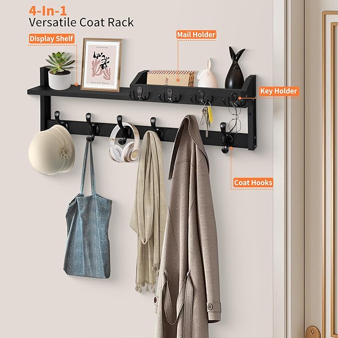 Coat Rack Wall Mount with Shelf, 27.5" Entryway Wall Hanging Shelf, Coat and Key Hanger with 10 Dual Hooks, Mail Organizer an