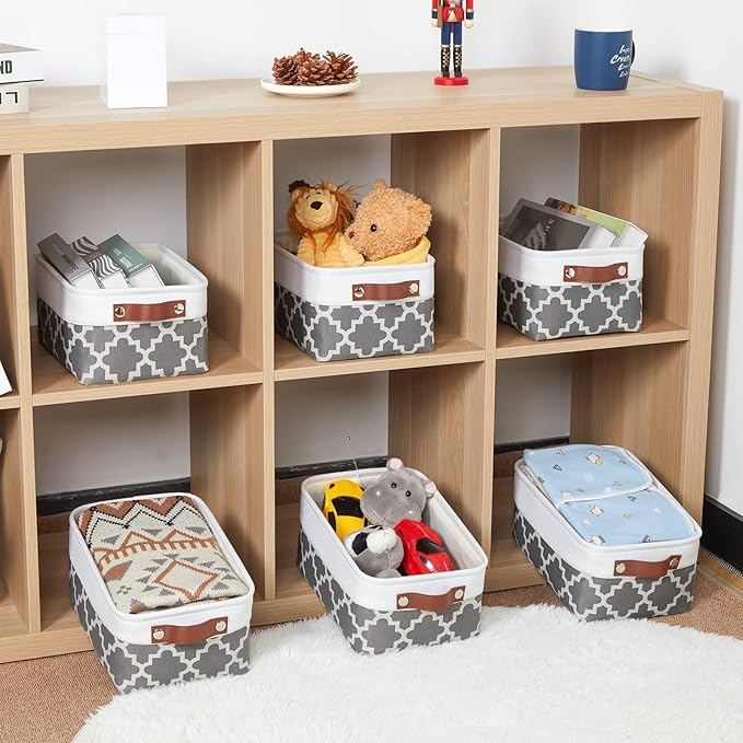 HNZIGE Small Baskets Fabric Storage Baskets(6 Pack) Storage Bins with Leather Handles Empty Gift Basket Decorative Storage Ba
