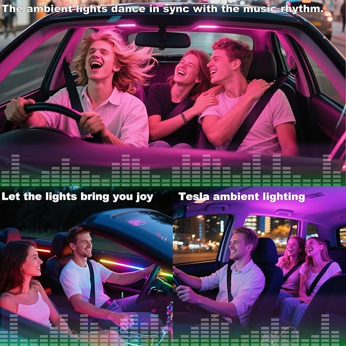 LED Car Ambient Lighting Strip for Tesla High Brightness with APP Control Multiple Colors and Car LED Strip Lighting Neon Lights for Model 3/Y (Dashboard& Center Console& 4 Floor Light)