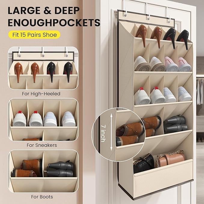 15 Pockets Over the Door Shoe Organizer, Shoe Rack for Closet Door with Large Breathable Pockets, Hanging Shoes Rack for Boot
