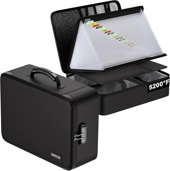 ENGPOW Fireproof Document Box with Lock,5200℉ Soft Case Fireproof Box with 25 Pocket Accordion File Folder,Multi-Layer Firepr