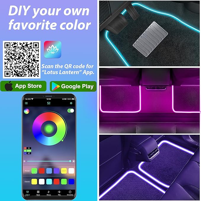 Soft Car Floor Mats with Led Strip Light, App Control Leather Interior Car Lights Floor Mats, Universal Fit Black Automotive Carpet, Anti-Slip Waterproof RGB Car Decor Accessories for SUV,Sedan,Jeeps