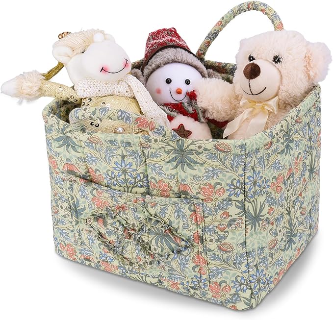 Storage Basket Boho Fabric Large Collapsible Floral Laundry Nursery Hamper Portable Folding Storage for Clothes Toys (Light G